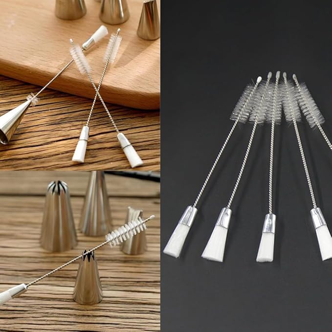 4 Pack Piping Tip Cleaning Brush Double-Headed Nylon Hard Bristle Brushes Pipe Tube Cleaner for Cake Decorating Tips Nozzle Baking Pastry Bags Mouth Frosting Icing Dispenser