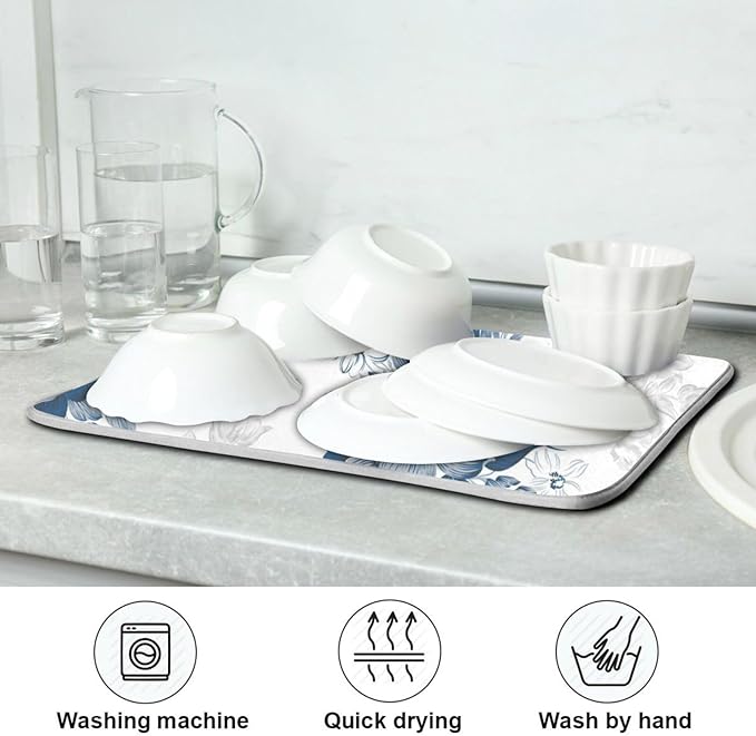 Tarity Watercolor Blue Flower Dish Drying Mat for Kitchen Counter Absorbent Heat Resistant Microfiber Dishes Drainer Mat 16x18 in Dish Pad Sink Mat Protective Pad Kitchen Decor