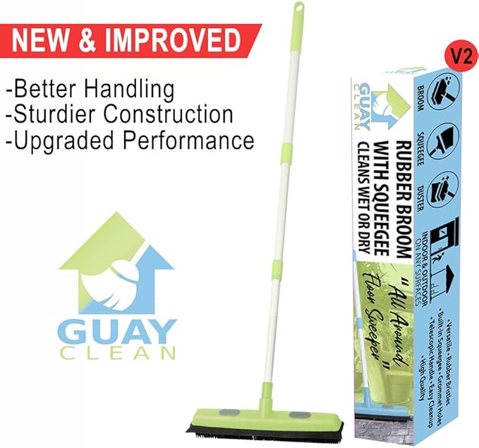 Guay Clean Rubber Push Broom Pet Hair Fur Removal Soft Bristle Sweeper for Carpet and Floor, Squeegee and Grommet for Pads and Towels -Telescopic Pole up to 50 Inches - Green