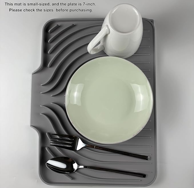 Compact Dish Drying Mat (14.7" x 10.2") - Small Silicone Drainer Mat with Spout for RV, Apartment, Kitchenette & Bar Counters, Heat Resistant