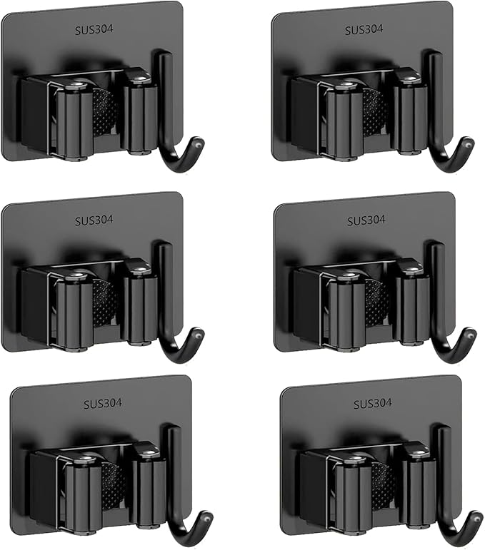 6 Pack Mop and Broom Holder Wall Mount - Stainless Steel Broom Mop Hanger - Wall Mounted Garden Tool Rack Organizer for Closet Garage Laundry Room Kitchen Decor