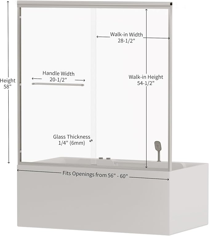 56"-60" Adjustable Width Double Sliding Shower Door - Semi-Frameless Bathtub Enclosure with Tempered Glass, Brushed Nickel Aluminum Frame, Easy DIY Installation for Standard Tubs