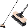 Heavy Duty Adjustable Push Broom with Stiff Bristles, Solid Wood Head Multi-Surface Floor Brush for Bathroom Tile, Pool Deck, Patio Cleaning
