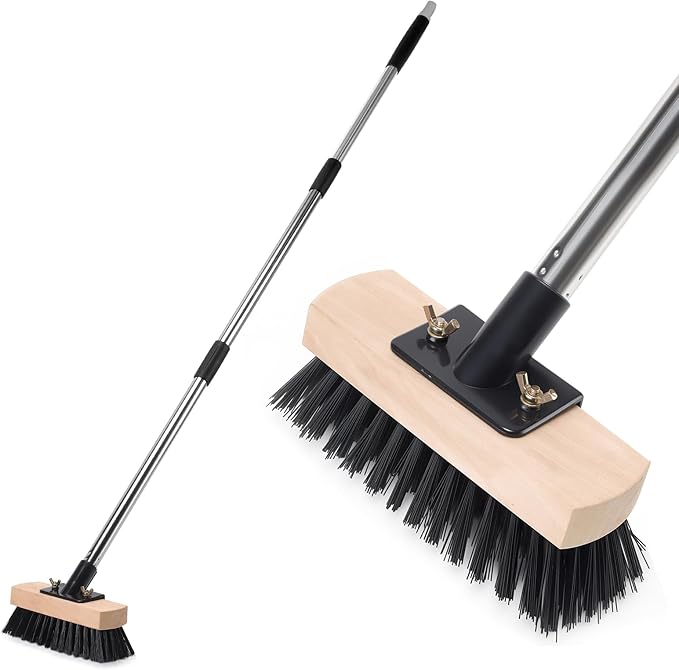 Heavy Duty Adjustable Push Broom with Stiff Bristles, Solid Wood Head Multi-Surface Floor Brush for Bathroom Tile, Pool Deck, Patio Cleaning