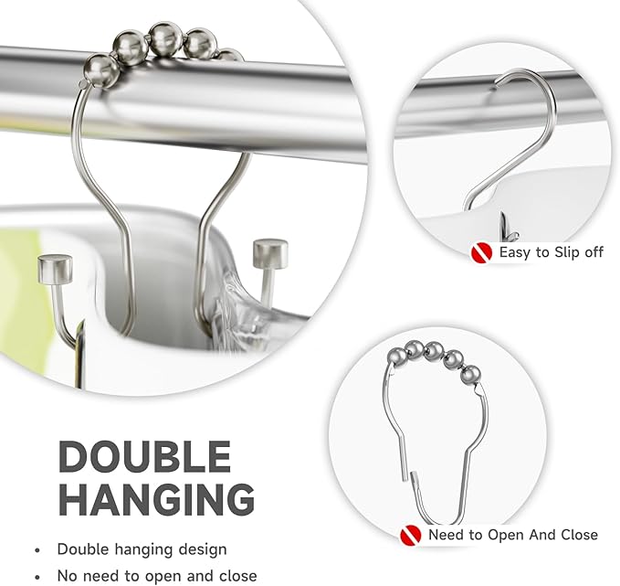 Shower Curtain Hooks, Shower Curtain Rings Rust Proof Double Hook Shower Curtain Hooks with Clindrical Design, 12 Pcs Nickel Shower Hooks for Shower Curtain, Metal Shower Rod Hooks