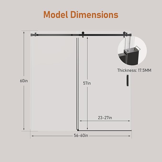 56-60 Inch Frameless Sliding Shower Door, 60" Height, 5/16" (8mm) Clear Tempered Glass Bathtub Door, Smooth Gliding Track & Anti-Jumping System, Stainless Steel Matte Black Finish
