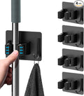 Mop Broom Holder No Drill, Mop Broom Organizer Wall Mounted Heavy Duty with Hooks Hanger, Self Adhesive Stainless Steel 4Pcs for Bathroom, Kitchen, Office (Black)
