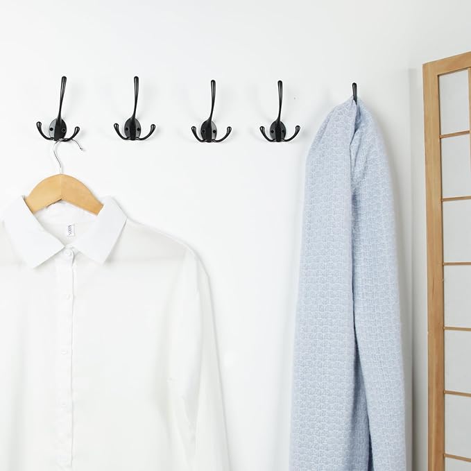 Aynoo 5 Pack Big Heavy Duty Three Prongs Coat Hooks,Wall Hooks,Wall Mounted Metal Towel Coat Rack Hanger Hardware,Black