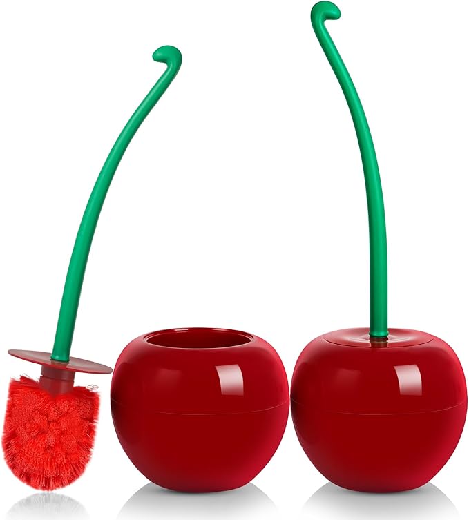 Toilet Brush Household Bathroom Cleaning Cherry: 2-Pack Adorable Shape with Holder, Deep Clean Bowl Under Rim（Red