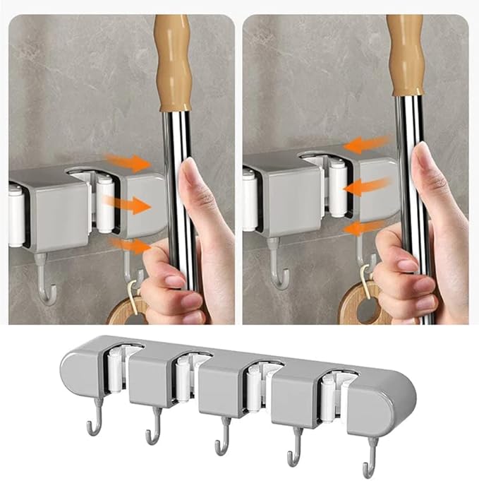 VALINK Brooms and Mop Holder Wall Mounted, Brooms Hanger for Home Garden Garage and Storage (4 Racks with 5 Hooks) Grey