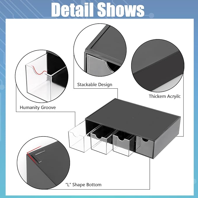 BTSKY 1 Pack Black Acrylic Battery Storage Organizer for AA, AAA, 9V, C Batteries, 4-Drawer Storage Box Battery Holder Organizer for Common Types Batteries, Household Container(Batteries Not Included)