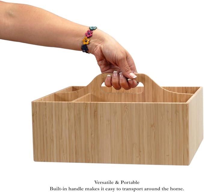 MobileVision Bamboo Multi-Purpose Caddy with Handle, 3 Sections, Sturdy Durable Carrier for Cleaning Supplies, Spray Bottles, Towels, Sponges and more