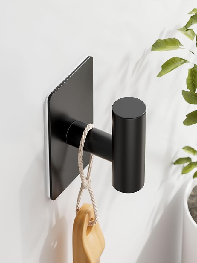 Towel Hooks for Bathrooms – 2 Pack, Matte Black Finish, T-Shaped Stainless Steel Adhesive Wall Hooks for Robes & Towels in Kitchen, Shower, or Closet