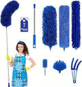 Microfiber Duster, 8PCS Feather Duster with 100 Inch Telescoping Extension Pole, Reusable Bendable Dusters, Washable Lightweight Dusters for High Ceiling, Fan, Blinds, Window, Corners, Blue