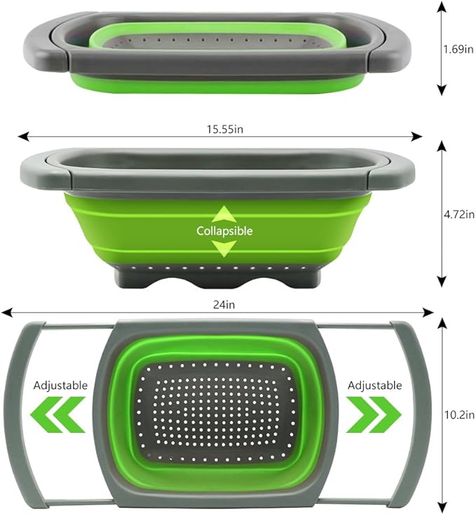 Qimh Colander collapsible, Colander Strainer Over The Sink Vegetable Fruit Strainer Basket (6 Quart) with Extendable Handles, New Kitchen Essentials