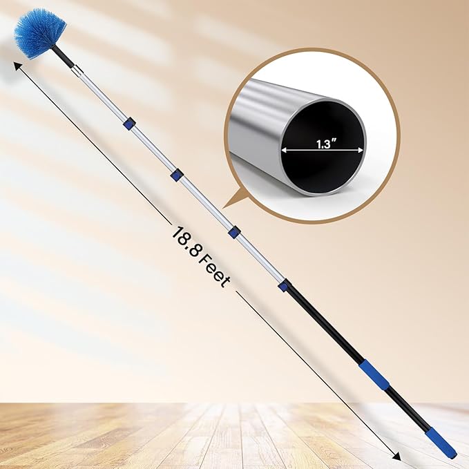 25ft High Ceiling Duster Kits with 5-18ft Heavy Duty Extension Pole - Fan Blade Cleaner, Cobweb Remover & Blue Window Squeegee Kit, Washable Dust Brush for High Roof and Glass Surfaces