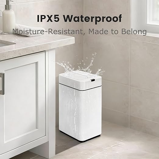 Sensor Trash Can with Butterfly Lid 2.6 Gallon Rectangular Automatic Garbage Can, Stainless Steel Trash Bin, Slim Waterproof Wastebaskets with Lid Soft Close for Under Counter, White