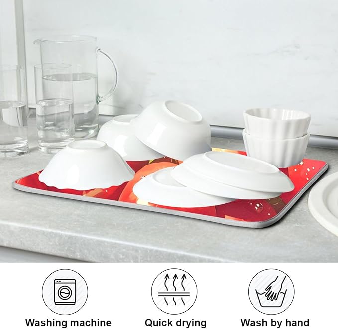 Red Apples Dish Drying Mat for Kitchen Counter Absorbent Microfiber Drying Pad, Large 18x24 in