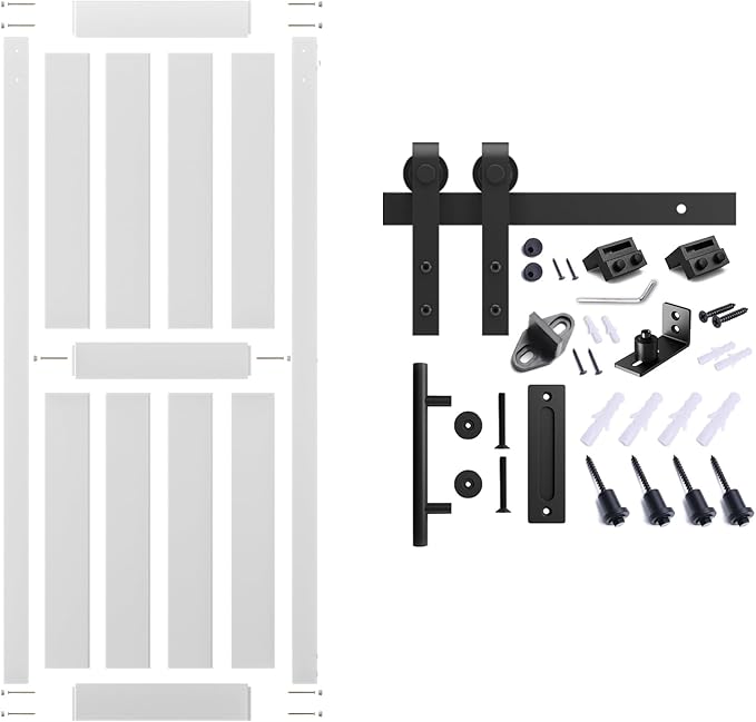 32''x96'' Sliding Barn Door with 6 Ft Barn Door Hardware Kit& Handle& Floor Guides,Pre-Drilled Holes Easy Assembly - Include Installation Manual, Water-Proof PVC Surface, H-Frame, White