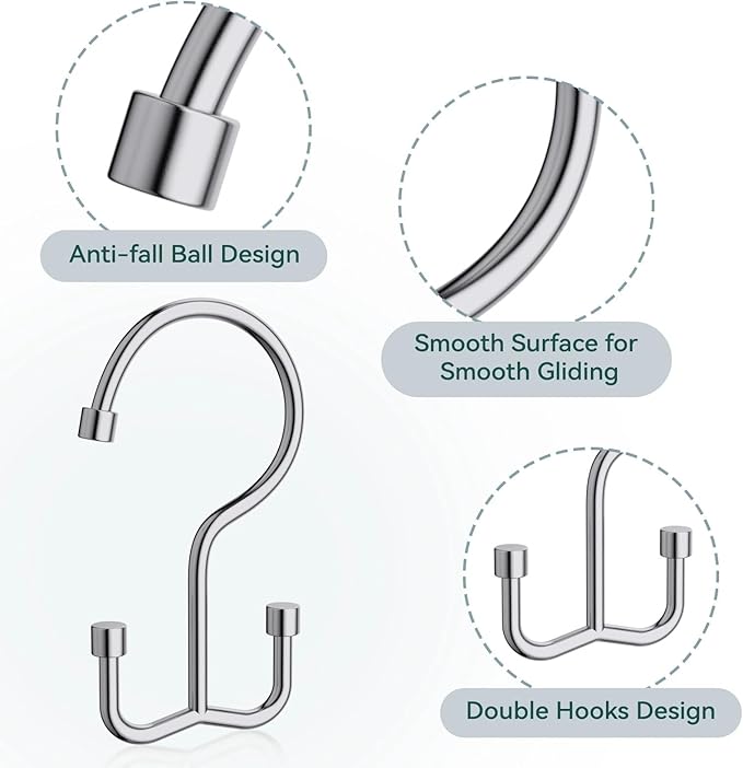 Goowin Shower Curtain Hooks, Shower Curtain Rings, Durable Rust Proof Shower Curtain Hangers, Shower Rings for Curtain, Double Glide Shower Hooks for Shower Curtain, Chrome, 24 Pack-Cylinders