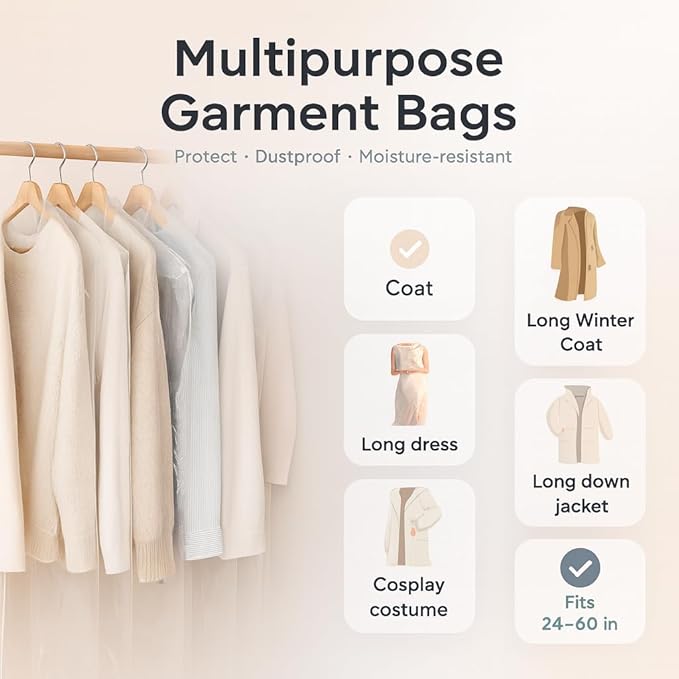 40 Pack Clear Plastic Garment Bags, 71" x 23.5" Clothes Covers for Hanging, Dry Cleaning Bags for Closet Storage, Dust-Proof Transparent Clothing Protectors for Long Dresses Skirt, Suits & Jackets