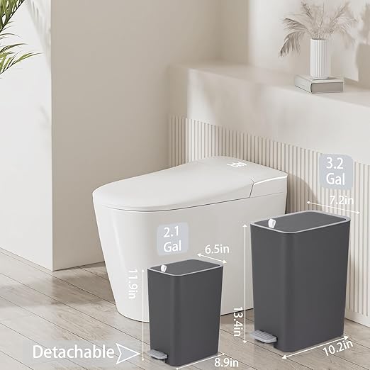 rejomiik Small Bathroom Trash Can with Lid, 3.2 Gallon Step Garbage Can with Handle, Slim Mini Wastebasket Bin for Bedroom, Office, Dorm, Dark Gray
