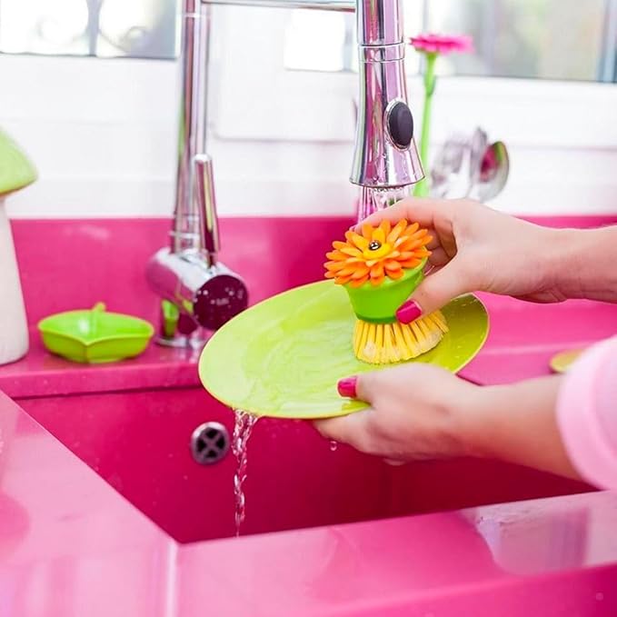 Vigar Flower Palm Dish Scrub Brush with Holder, Perfect Kitchen Brushes for Dishes, Sink Brush and Cleaning Brushes for Household Use, Orange, Green
