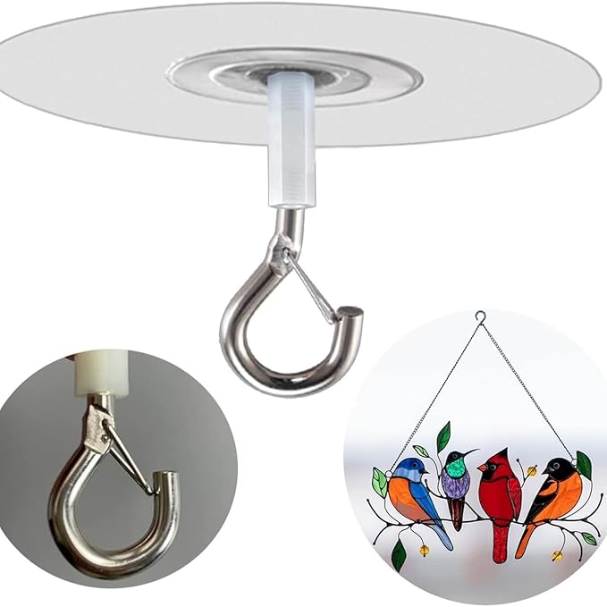 Adhesive Ceiling Hook - Weight-Bearing Stick-On Ceiling Hook, Sticky | Drill Free Hanging Hook with Safety Clasp, Water Resistant for Plants Chimes Storage