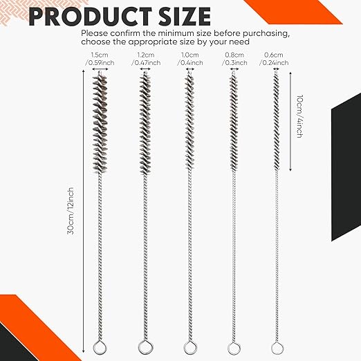 10 Pcs Wire Tube Brushes Bulk for Cleaning Pipe Tube Brass Stainless Steel Round Wire Brush for Auto Parts Christmas, Bottles, Tubes, 5 Sizes (Silver)