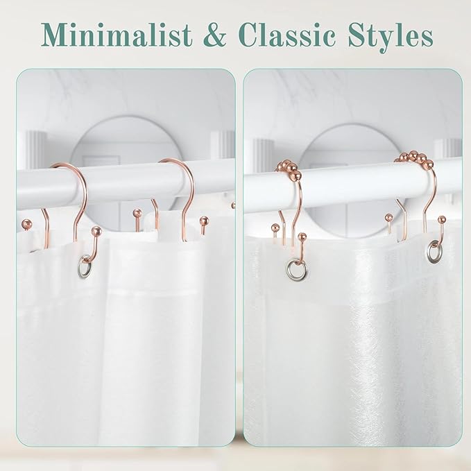Goowin Shower Curtain Hooks, 12 Pcs Shower Curtain Rings, Stainless Steel Shower Curtain Hangers, Metal Shower Curtain Hooks Rings Rust Proof, Minimalist Shower Hooks for Shower Curtain, Rose Gold