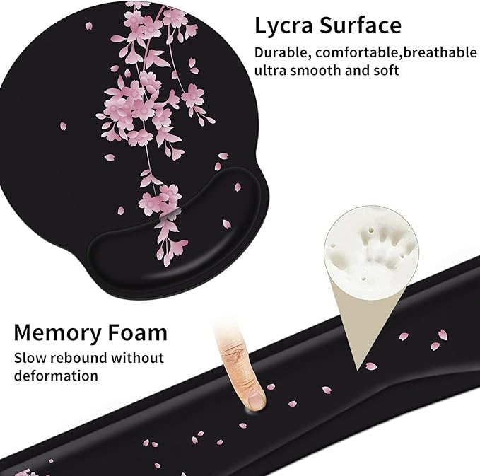 Wrist Rests for Keyboard and Mouse Support Gel Pad + Screen Cleaning Pad + Coaster, Cloth Wipes for Laptop/Computer Screen, Ergonomic Memory Foam Mousepad for Gaming/Work, Cherry Blossoms
