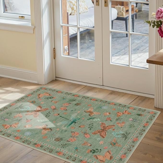 2x3 Washable Rug,Small Door Mat Floral Entryway Rug, Boho Front Door Mat, Non Slip Area Rugs, Low Pile Throw Accent Carpet for Indoor Entrance, Bathroom and Kitchen(Green 2x3ft)