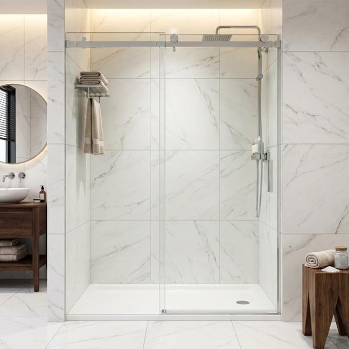 Frameless Shower Door, Adjustable 56"-60" Width x 76" Height, 6mm (1/4") Clear Tempered Safety Glass with Coating, Brushed Nickel Square Rail System, One Fixed One Sliding