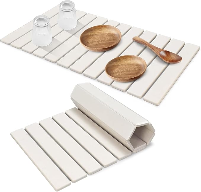 Extral Large Stone Dish Drying Mats for Kitchen Counter, 28"(L)×16"(W) Quick Dry Dish Drying Mat, Collapsible Eco-Friendly Absorbent Diatomaceous Earth Mat for Dishes Cups, Match Any Countertop