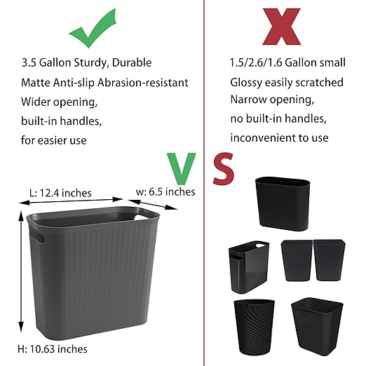 rejomiik Small Trash Can, 3.5 Gallon Garbage Can Slim Waste Basket Plastic Trash Bin Container with Handles for Bathroom, Bedroom, Office, Home, Dorm Room, Kitchen, Rectangular, Dark Gray