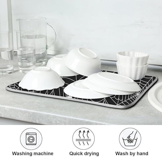 Halloween Spooky Spider Web Dish Drying Mat for Kitchen Happy Halloween Creepy Decoration Microfiber Drying Mats Absorbent Reversible Dish Pad Medium Dish Draining Mat 16x18 inch