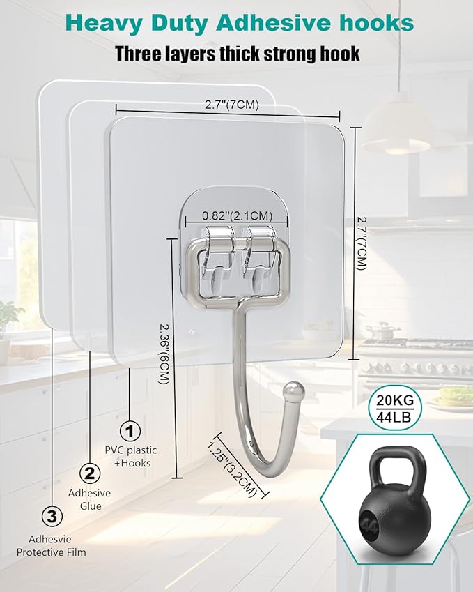 10 Pack Hold 44lb(Max),Hooks for Hanging,Waterproof Adhesive Wall Hooks,Large Hook for Hanging Heavy Duty,Bedrooms,Living Rooms,Kitchens,Bathrooms Sticky Hook,Use for Dorm Room