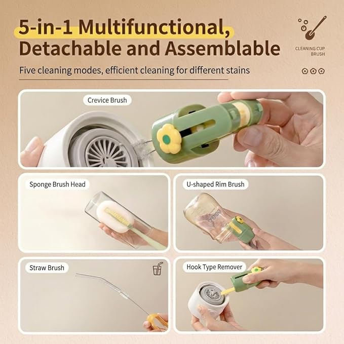 5 in 1 Bottle Lid Gap Cleaning Brush Set, Multifunctional Cup Cleaner for Baby Bottles, Drinking Cups & Straws, Modular & Detachable Design with Long Handle, Easy Rinsing (Green)