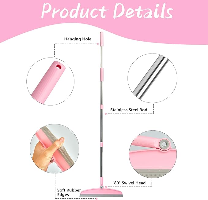 Multifunction Silicone Broom, 54 Inch Adjustable Long Handle Rubber Magic Broom Sweeper for Floor Bathroom Kitchen Shower Pet Hair Glass(Gray Pink)