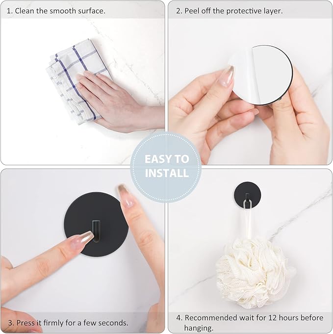 VIS'V Adhesive Hooks, Small Metal Shower Wall Stick on Hooks, Waterproof, 2 Extra Adhesive Strips, Round, Black, 4 Pcs