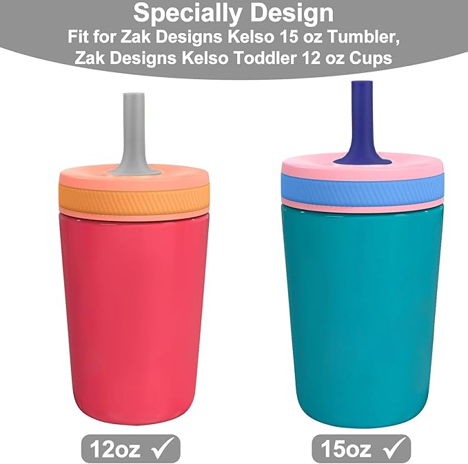 XANGNIER Replacement Straws and Bite Valve Compatible with Zak Designs Kelso 15 oz Tumbler Water Bottle,4 Pcs Reusable Silicone Straws with Cleaning Brush for Zak Designs Kelso 12 oz Cups