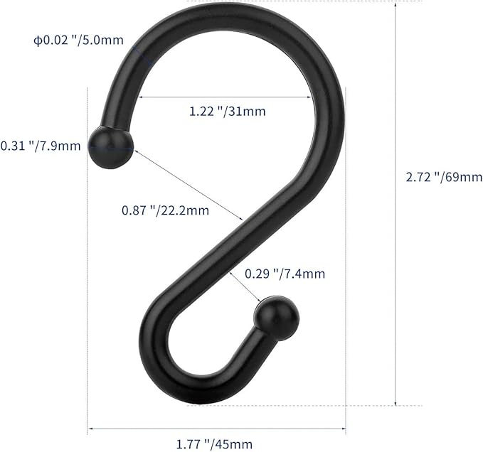 Metal Shower Curtain Hooks，Set of 12 Rings，Rust Resistant S Shaped Hooks Hangers for Kitchen Utensils, Clothing, Towels, etc. (Black)