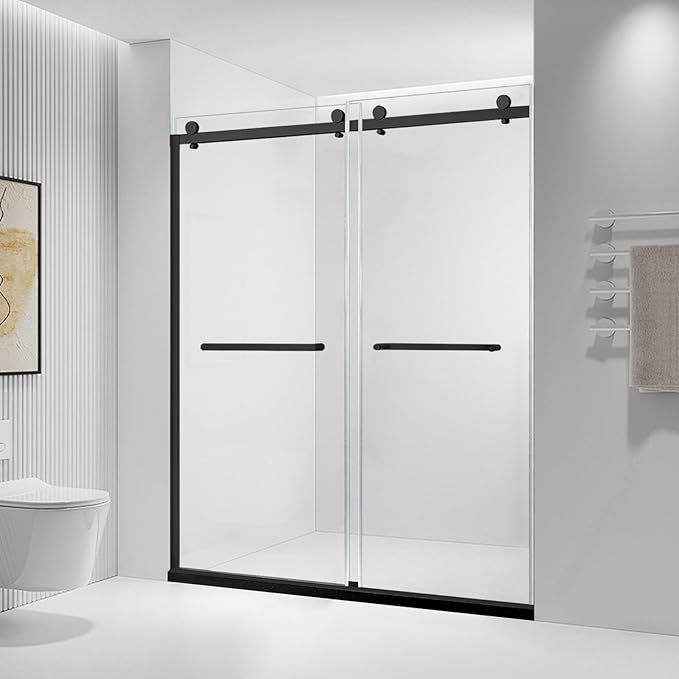 Double Sliding Shower Door, 60" W x 74" H Framed Glass Shower Door with 5/16"(8mm) Clear Tempered Explosion-Proof Film Glass, 18 inch Stainless Steel Handle, Matte Black