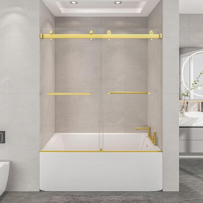 55"-60" W x 60" H Frameless Bathtub Shower Door, Double Sliding Shower Door,5/16"(8mm) Clear Tempered Glass,Easy Sliding Tub Shower Door with Explosion-Proof Film (Brushed Gold 60" Wx60 H)