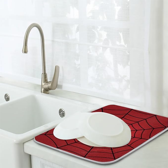 Dish Drying Mat for Kitchen Absorbent Drying Mat Reversible Dish Drying Pad Dish Drying Mats for Kitchen Counter Utensils Pots Water Cup Spiders Red Web