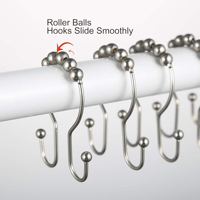 Goowin Shower Curtain Hooks, 12 Pcs Shower Curtain Rings, Stainless Steel Shower Curtain Hangers, Double Hook Shower Curtain Hooks, Smooth Sliding Anti-Drop Shower Rings for Curtain (Matte Nickel)