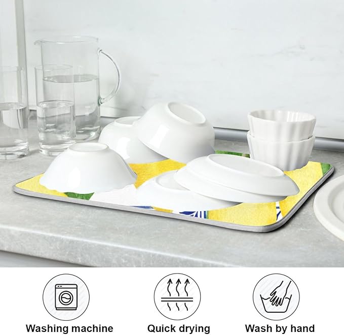 Lemon Blue Tiles Dish Drying Mat for Kitchen Counter Absorbent Microfiber Drying Pad, Large 18x24 in, Reversible Drainer Mats