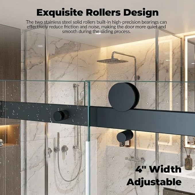 Frameless Sliding Shower Door, 56-60 Inches Wide x 76 Inches High, 1/4 Inch (6mm) Clear Tempered Glass with Matte Black Square Rail Design, Space-Saving Installation for Modern Bathrooms
