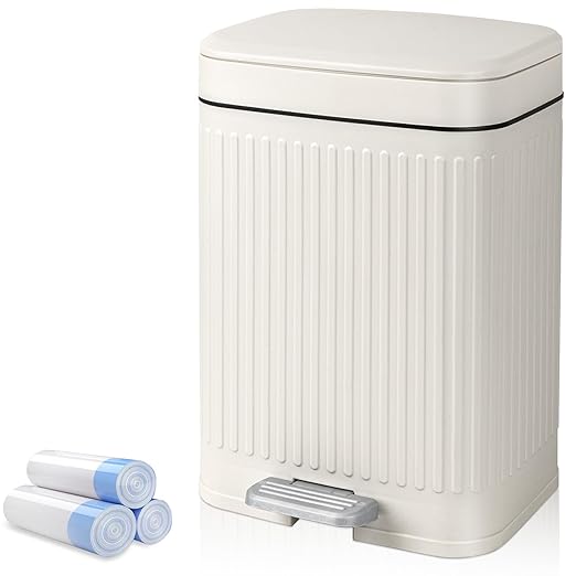 rejomiik Small Bathroom Trash Can with Lid 2.1 Gallon Soft Close Step Slim Garbage Can Waste Bin for Office, Bedroom, Kitchen, Cream
