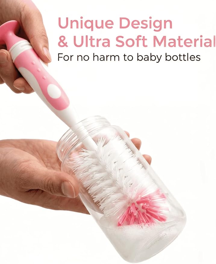 Baby Bottle Brush Set 4 in 1, Baby Bottle Cleaner, with 1P Nylon Bottle Brush, 1P Bottle Cap Brushes, 2P Straw Brushes, Bottle Brush with Nipple Cleaner and Suction Cup, BPA-Free(Pink)